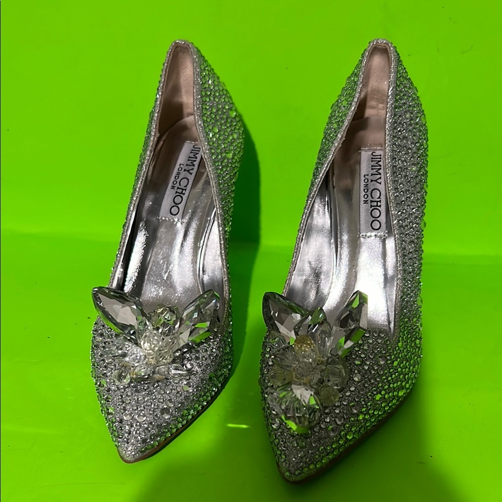 Jimmy Choo Silver Crystal-Embellished Pointed Pumps with Statement Jewel
